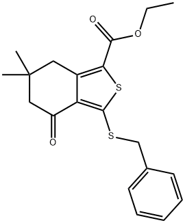 3-(ベンジルチオ)-6,6-ジメチル-4-オキソ-4,5,6,7-テトラヒドロベンゾ[C]チオフェン-1-カルボン酸エチル 化学構造式