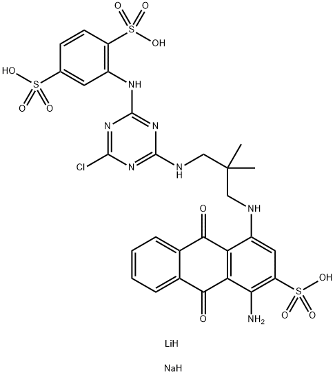 1,4-Benzenedisulfonic acid, 2-4-3-(4-amino-9,10-dihydro-9,10-dioxo-3-sulfo-1-anthracenyl)amino-2,2-dimethylpropylamino-6-chloro-1,3,5-triazin-2-ylamino-, lithium sodium salt Struktur
