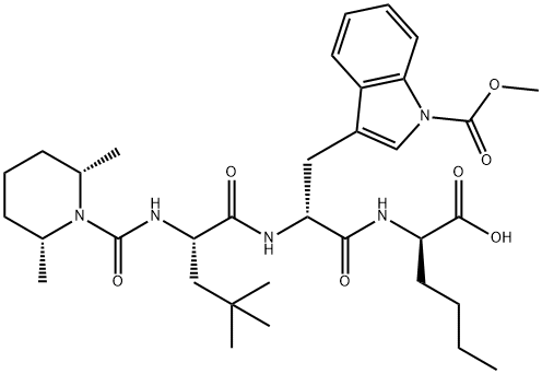 (2R)-2-[[(2R)-2-AMINO-3-(1-METHOXYCARBONYLINDOL-3-YL)PROPANOYL]-[(2S)-2-[[(2R,6S)-2,6-DIMETHYLPIPERIDINE-1-CARBONYL]AMINO]-4,4-DIMETHYLPENTANOYL]AMINO]HEXANOIC ACID, 173326-37-9, 结构式