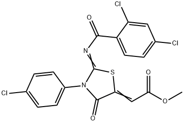 2-[3-(4-Chlorophenyl)-2-[(2,4-dichlorobenzoyl)imino]-4-oxo-5-thiazolidinylidene]-aceticacidmethylester Structure
