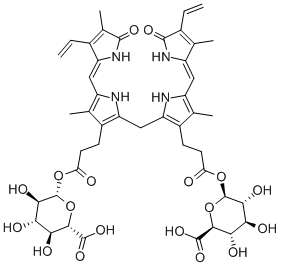 2,17-ジエテニル-1,10,19,22,23,24-ヘキサヒドロ-3,7,13,18-テトラメチル-1,19-ジオキソ-21H-ビリン-8,12-ジプロピオン酸ジ(β-D-グルコピラヌロノシル) 化学構造式