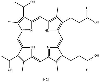 7,12-ビス(1-ヒドロキシエチル)-3,8,13,17-テトラメチル-21H,23H-ポルフィリン-2,18-ジプロパン酸/塩酸,(1:x) 化学構造式