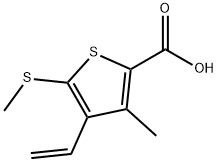 3-メチル-5-メチルスルファニル-4-ビニルチオフェン-2-カルボン酸 化学構造式