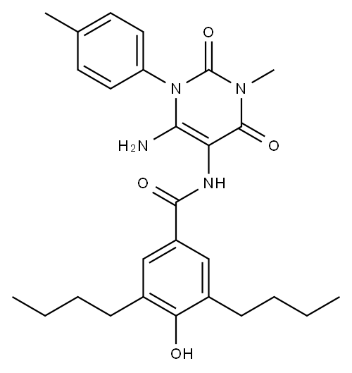 Benzamide,  N-[6-amino-1,2,3,4-tetrahydro-3-methyl-1-(4-methylphenyl)-2,4-dioxo-5-pyrimidinyl]-3,5-dibutyl-4-hydroxy- Structure