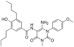 Benzamide,  N-[6-amino-1,2,3,4-tetrahydro-1-(4-methoxyphenyl)-3-methyl-2,4-dioxo-5-pyrimidinyl]-3,5-dibutyl-4-hydroxy- 化学構造式