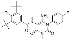 Benzamide,  N-[6-amino-1-(4-fluorophenyl)-1,2,3,4-tetrahydro-3-methyl-2,4-dioxo-5-pyrimidinyl]-3,5-bis(1,1-dimethylethyl)-4-hydroxy- Struktur