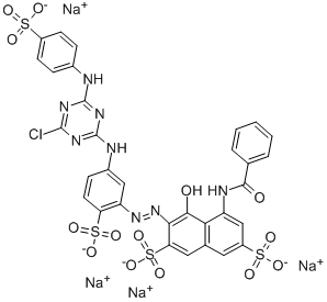 5-ベンゾイルアミノ-3-[5-[4-クロロ-6-(4-スルホフェニルアミノ)-1,3,5-トリアジン-2-イルアミノ]-2-スルホフェニルアゾ]-4-ヒドロキシナフタレン-2,7-ジスルホン酸テトラナトリウム 化学構造式
