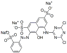 1-[(2,4-ジクロロ-1,3,5-トリアジン-6-イル)アミノ]-8-ヒドロキシ-7-[(2-スルホフェニル)アゾ]-3,6-ナフタレンジスルホン酸トリナトリウム 化学構造式