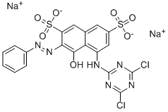 3-(フェニルアゾ)-4-ヒドロキシ-5-(4,6-ジクロロ-1,3,5-トリアジン-2-イルアミノ)ナフタレン-2,7-ビス(スルホン酸ナトリウム) 化学構造式