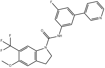 N-[3-(3-ピリジニル)-5-フルオロフェニル]-5-メトキシ-6-(トリフルオロメチル)-1-インドリンカルボアミド 化学構造式
