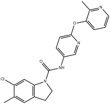 6-Chloro-5-methyl-1-[[2-(2-methylpyrid-3-yloxy)pyrid-5-yl]carbamoyl]indoline  hydrate  dihydrochloride,  6-Chloro-2,3-dihydro-5-methyl-N-[6-[(2-methyl-3-pyridinyl)oxy]-3-pyridinyl]-1H-indole-1-carboxyamide  hydrate  dihydrochloride Struktur