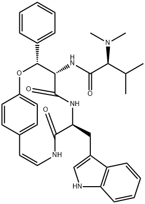 (S)-2-Dimethylamino-N-[(3R,4S,7S)-7-(1H-indol-3-ylmethyl)-5,8-dioxo-3-phenyl-2-oxa-6,9-diazabicyclo[10.2.2]hexadeca-10,12,14(1),15-tetren-4-yl]-3-methylbutanamide Structure