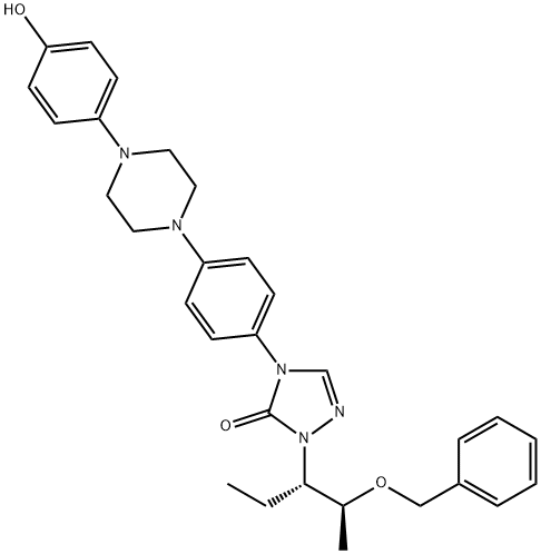 2-[(1S,2S)-1-ethyl-2-bezyloxypropyl]-2,4-dihydro-4-[4-[4-(4-hydroxyphenyl)-1-piperazinyl]phenyl]- 3H-1,2,4-Triazol-3-one, Struktur