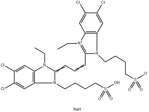1-エチル-2-[3-[1-エチル-2,3-ジヒドロ-3-[4-(ソジオスルホ)ブチル]-5,6-ジクロロ-1H-ベンゾイミダゾール-2-イリデン]-1-プロペニル]-3-(4-スルホナトブチル)-5,6-ジクロロ-1H-ベンゾイミダゾール-3-イウム 化学構造式