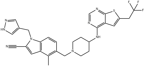 4-メチル-1-(1H-ピラゾール-4-イルメチル)-5-[(4-{[6-(2,2,2-トリフルオロエチル)チエノ[2,3-d]ピリミジン-4-イル]アミノ}ピペリジン-1-イル)メチル]インドール-2-カルボニトリル 化学構造式
