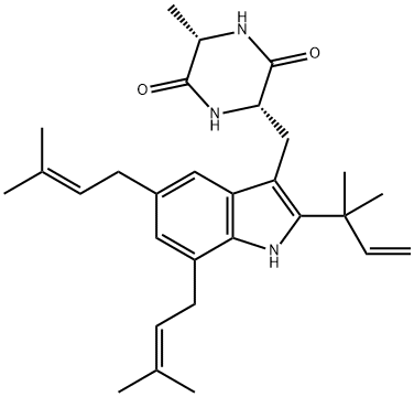 (3S,6S)-3-[[2-(1,1-ジメチル-2-プロペニル)-5,7-ビス(3-メチル-2-ブテニル)-1H-インドール-3-イル]メチル]-6-メチル-2,5-ピペラジンジオン 化学構造式