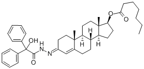 α-ヒドロキシ-α-フェニル-N2-[17-[(1-オキソヘプチル)オキシ]アンドロスタ-4-エン-3-イリデン]ベンゼン酢酸ヒドラジド 化学構造式