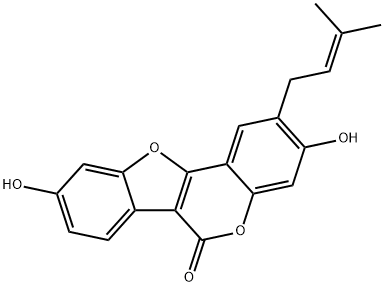 3,9-ジヒドロキシ-2-(3-メチル-2-ブテニル)-6H-ベンゾフロ[3,2-c][1]ベンゾピラン-6-オン 化学構造式