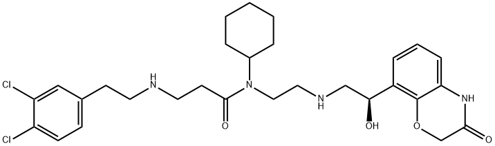 N-シクロヘキシル-N-[2-[[(R)-2-ヒドロキシ-2-(3-オキソ-5-ヒドロキシ-3,4-ジヒドロ-2H-1,4-ベンゾオキサジン-8-イル)エチル]アミノ]エチル]-Nβ-(3,4-ジクロロフェネチル)-β-アラニンアミド 化学構造式
