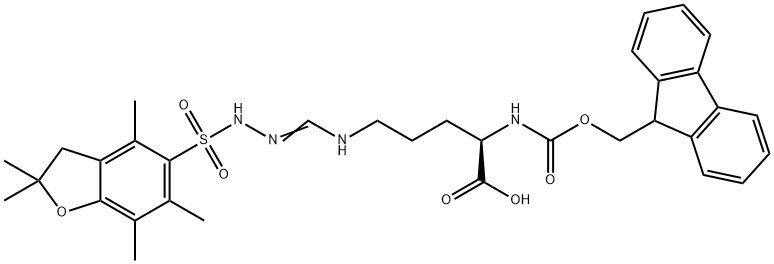 Nα-[(9H-フルオレン-9-イルメトキシ)カルボニル]-Nω-(2,2,4,6,7-ペンタメチルジヒドロベンゾフラン-5-スルホニル)-D-アルギニン 化学構造式