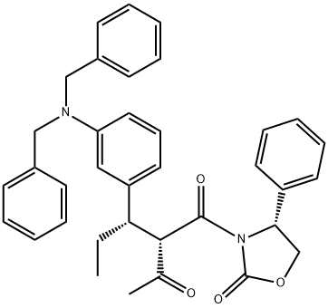 (4R)-3-[(2S,3S)-2-アセチル-3-[3-[ビス(フェニルメチル)アミノ]フェニル]-1-オキソペンチル]-4-フェニル-2-オキサゾリジノン 化学構造式