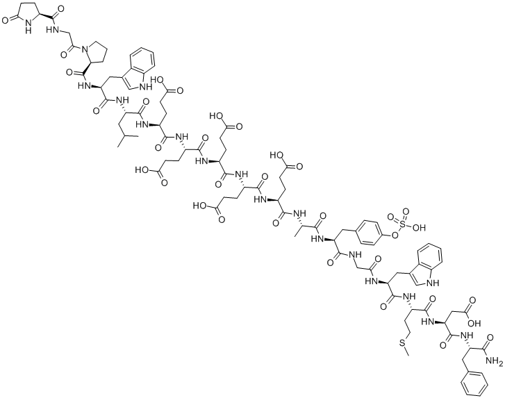 PYR-GLY-PRO-TRP-LEU-GLU-GLU-GLU-GLU-GLU-ALA-TYR(SO3H)-GLY-TRP-MET-ASP-PHE-NH2 Structure