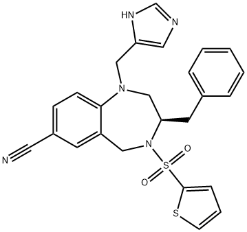 (4R)-4-benzyl-2-(3H-imidazol-4-ylmethyl)-5-thiophen-2-ylsulfonyl-2,5-diazabicyclo[5.4.0]undeca-8,10,12-triene-9-carbonitrile 化学構造式
