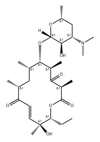 (3R,5R,6S,7S,9R,11E,13S,14R)-14-エチル-13-ヒドロキシ-3,5,7,9,13-ペンタメチル-6-[[3-(ジメチルアミノ)-3,4,6-トリデオキシ-β-D-xylo-ヘキソピラノシル]オキシ]オキサシクロテトラデカ-11-エン-2,4,10-トリオン 化学構造式