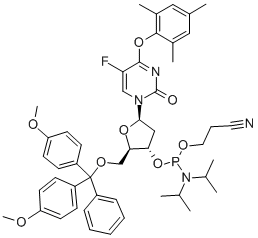 5'-O-[二(4-甲氧基苯基)苯基甲基]-2'-脱氧-5-氟-4-O-(2,4,6-三甲基苯基)-尿苷 3'-[2-氰基乙基 二异丙基亚磷酰胺] 结构式