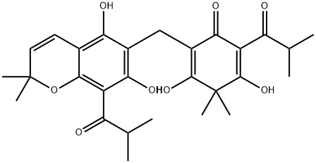 2-[[5,7-ジヒドロキシ-8-(1-オキソイソブチル)-2,2-ジメチル-2H-1-ベンゾピラン-6-イル]メチル]-3,5-ジヒドロキシ-6-(1-オキソイソブチル)-4,4-ジメチル-2,5-シクロヘキサジエン-1-オン 化学構造式