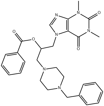安息香酸1-[(4-ベンジル-1-ピペラジニル)メチル]-2-(1,2,3,6-テトラヒドロ-1,3-ジメチル-2,6-ジオキソ-7H-プリン-7-イル)エチル 化学構造式