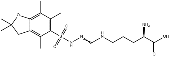 N5-[[[(2,3-Dihydro-2,2,4,6,7-pentamethyl-5-benzofuranyl)sulfonyl]amino]iminomethyl]-D-ornithine Struktur
