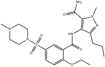 1-メチル-3-プロピル-4-[2-エトキシ-5-(4-メチルピペラジノスルホニル)フェニルカルボニルアミノ]-1H-ピラゾール-5-カルボアミド 化学構造式