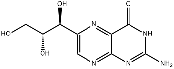 (+)-2-アミノ-6-[(1R,2S)-1,2,3-トリヒドロキシプロピル]プテリジン-4(1H)-オン 化学構造式