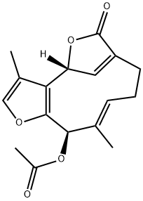 (4R,10E,12R)-12-アセトキシ-4,8,9,12-テトラヒドロ-3,11-ジメチル-4,7-メテノ-6H-フロ[3,2-c]オキサシクロウンデシン-6-オン 化学構造式