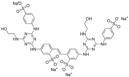 2,2'-(1,2-エテンジイル)ビス[5-[[4-[(2-ヒドロキシエチル)アミノ]-6-[(4-ソジオスルホフェニル)アミノ]-1,3,5-トリアジン-2-イル]アミノ]ベンゼンスルホン酸ナトリウム] 化学構造式