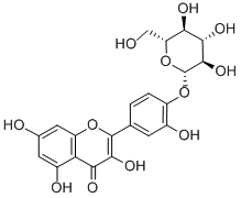 2-[4-(β-D-グルコピラノシルオキシ)-3-ヒドロキシフェニル]-3,5,7-トリヒドロキシ-4H-1-ベンゾピラン-4-オン 化学構造式