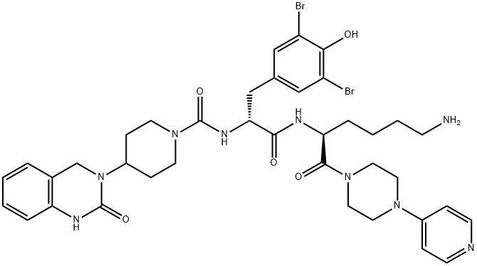 N-[2-[5-氨基-1(S)-[4-(4-吡啶基)哌嗪-1-甲酰基]戊基氨基]-1(R)-(3,5-二溴-4-羟基苄基)-2-氧代乙基]-4-(2-氧代-1,2,3,4-四氢喹唑啉-3-基)哌啶-1-甲酰胺, 204697-65-4, 结构式