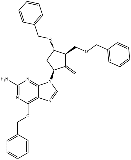 6-(Benzyloxy)-9-[(1S,3R,4S)-2-methylene-4-(phenylmethoxy)-3-[(phenylmethoxy)methyl]cyclopentyl]-9H-purine-2-amine Structure