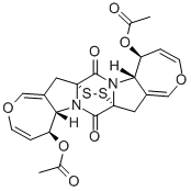 (5S)-5,5aα,13,13aα-テトラヒドロ-5α,13α-ジ(アセチルオキシ)-8H,16H-7aβ,15aβ-エピジチオ-7H,15H-ビスオキセピノ[3',4':4,5]ピロロ[1,2-a:1',2'-d]ピラジン-7,15-ジオン 化学構造式