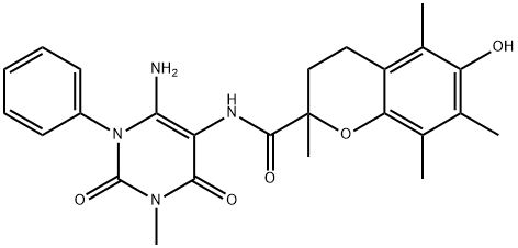 2H-1-Benzopyran-2-carboxamide,  N-(6-amino-1,2,3,4-tetrahydro-3-methyl-2,4-dioxo-1-phenyl-5-pyrimidinyl)-3,4-dihydro-6-hydroxy-2,5,7,8-tetramethyl- Struktur