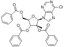 6-氯-9-(2,3,5-三苯甲酰氧基-2-C-甲基-beta-D-呋喃核糖基)-9H-嘌呤 结构式