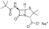 3,3-二甲基-6-((2,2-二甲基-1-氧代丙基)氨基)-7-氧代-4-硫杂-1-氮杂双环[3.2.0]庚烷-2-甲酸钠盐, 20520-33-6, 结构式