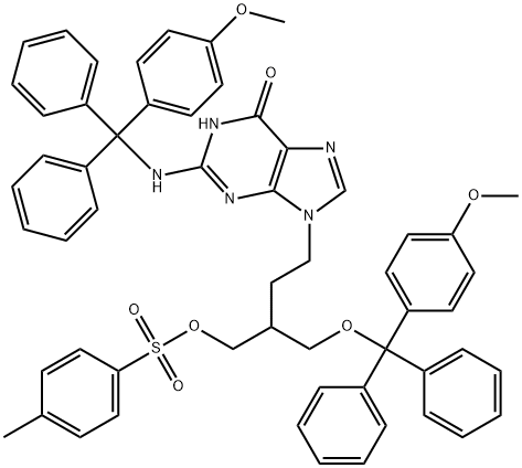 6H-PURIN-6-ONE, 1,9-DIHYDRO-9-[3-[[(4-METHOXYPHENYL)DIPHENYLMETHOXY]METHYL]-4-[[(4-METHYLPHENYL)SULFONYL]OXY]BUTYL]-2-[[(4-METHOXYPHENYL)DIPHENYLMETHYL]AMINO]- Struktur