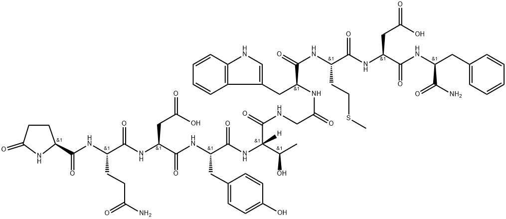5-オキソ-L-Pro-L-Gln-L-Asp-L-Tyr-L-Thr-Gly-L-Trp-L-Met-L-Asp-L-Phe-NH2 化学構造式