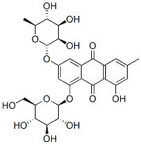 3-[(6-デオキシ-α-L-マンノピラノシル)オキシ]-1-(β-D-グルコピラノシルオキシ)-8-ヒドロキシ-6-メチル-9,10-アントラセンジオン 化学構造式
