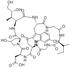 シクロ[L-Asp-L-t4Hyp-[(3R,4R)-4,5-ジヒドロキシ-3-メチル-L-Nva-]-6-ヒドロキシ-L-Trp2(1)-Gly-3-メチル-L-Nva-Gly-3-オキソメルカプト(1)-L-Ala-] 化学構造式