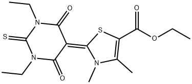 ethyl 2-(1,3-diethyltetrahydro-4,6-dioxo-2-thioxo-(2H)-pyrimidin-5-ylidene)-2,3-dihydro-3,4-dimethylthiazole-5-carboxylate Struktur