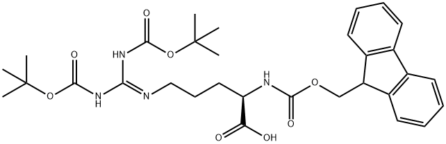 N-[(9H-芴-9-基甲基)羰基]-N',N''-二[叔丁氧羰基]-D-精氨酸 结构式