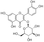 3-(β-D-グルコフラノシルオキシ)-5,7-ジヒドロキシ-2-(3,4-ジヒドロキシフェニル)-4H-1-ベンゾピラン-4-オン 化学構造式